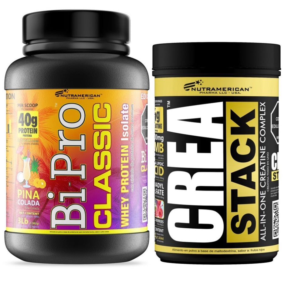 Combo Proteina Bipro Classic Piña Colada 3 lb + Creatina Crea Stack 1.3 LB NUTRAMERICANPHARMA Tarro x 3 Lb (1362g) y 1.3 Lb (600g) 