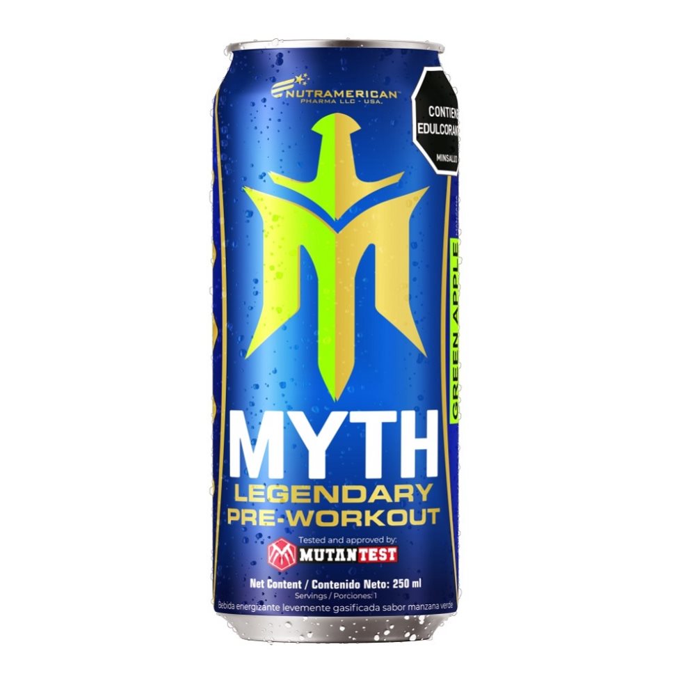 Myth Legendary Pre-Workout Lata X 12 und Pre entreno + Bebida Energizante NUTRAMERICANPHARMA Lata x Paca X 12 latas C/U 310 ml 3.7 L (3.720 ml) Myth, es una innovadora bebida energética pre-entreno desarrollada, con delicioso sabor a manzana verde y ligeramente gasificada.
