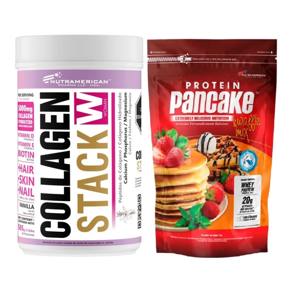 Combo Colageno hidrolizado Collagen Stack 585 g + Protein Pancake 1.69 LB Pancakes,Waffles,Crepes NUTRAMERICANPHARMA Tarro x 1.29 Lb (585g) y 1.69 Lb (770g) 