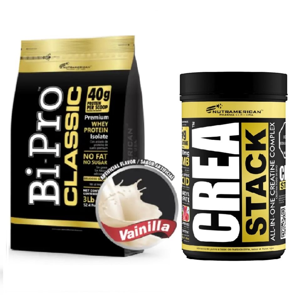 Combo Proteina Bipro Classic Vainilla 3 lb + Creatina Crea Stack 1.3 LB NUTRAMERICANPHARMA Tarro x 3 Lb (1362g) y 1.3 Lb (600g) 