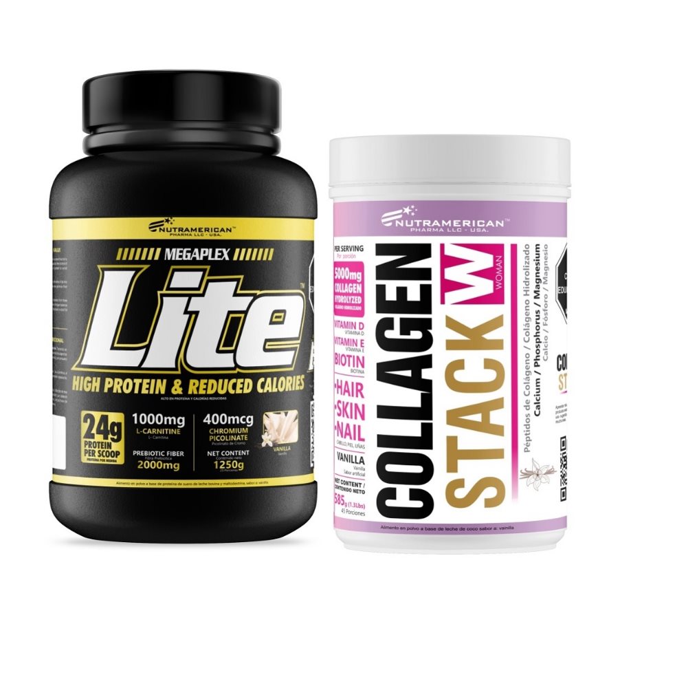 Combo proteina Megaplex Lite 3 lb + Colágeno Collagen Stack 585 g. NUTRAMERICANPHARMA Tarro x 2.7 Lb (1250g) y 0.8 Lb (360g) 