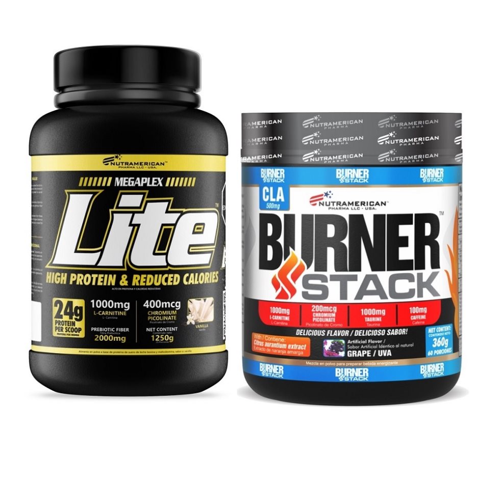 Combo proteina Megaplex Lite 3 lb + Burner Stack 0.8 lb NUTRAMERICANPHARMA Tarro x 2.7 Lb (1250g) y 0.8 Lb (360g) 