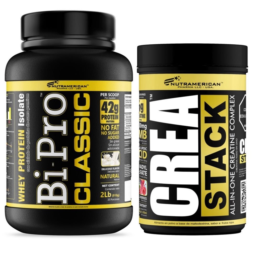 Combo Proteina Bipro Classic Natural 2 lb + Creatina Crea Stack 1.3 LB NUTRAMERICANPHARMA Tarro x 2 Lb (910g) y 1.3 Lb (600g) 