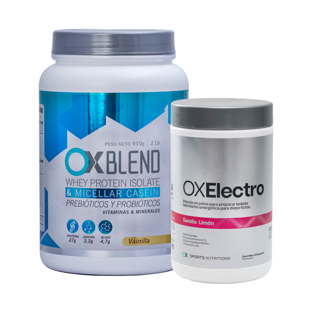 Combo Proteina Hidratante Ox Blend Vainilla +Ox Electro Sandia Limon Ox Blend + Ox Electro Envase Plástico x 1 Proteína Ox Blend
Recuperación rápida y efectiva
27 g de proteína (90 % whey isolate + caseína) + 4,7 g de BCAAs → repara microdesgarros, acelera la regeneración muscular y te prepara para volver a e