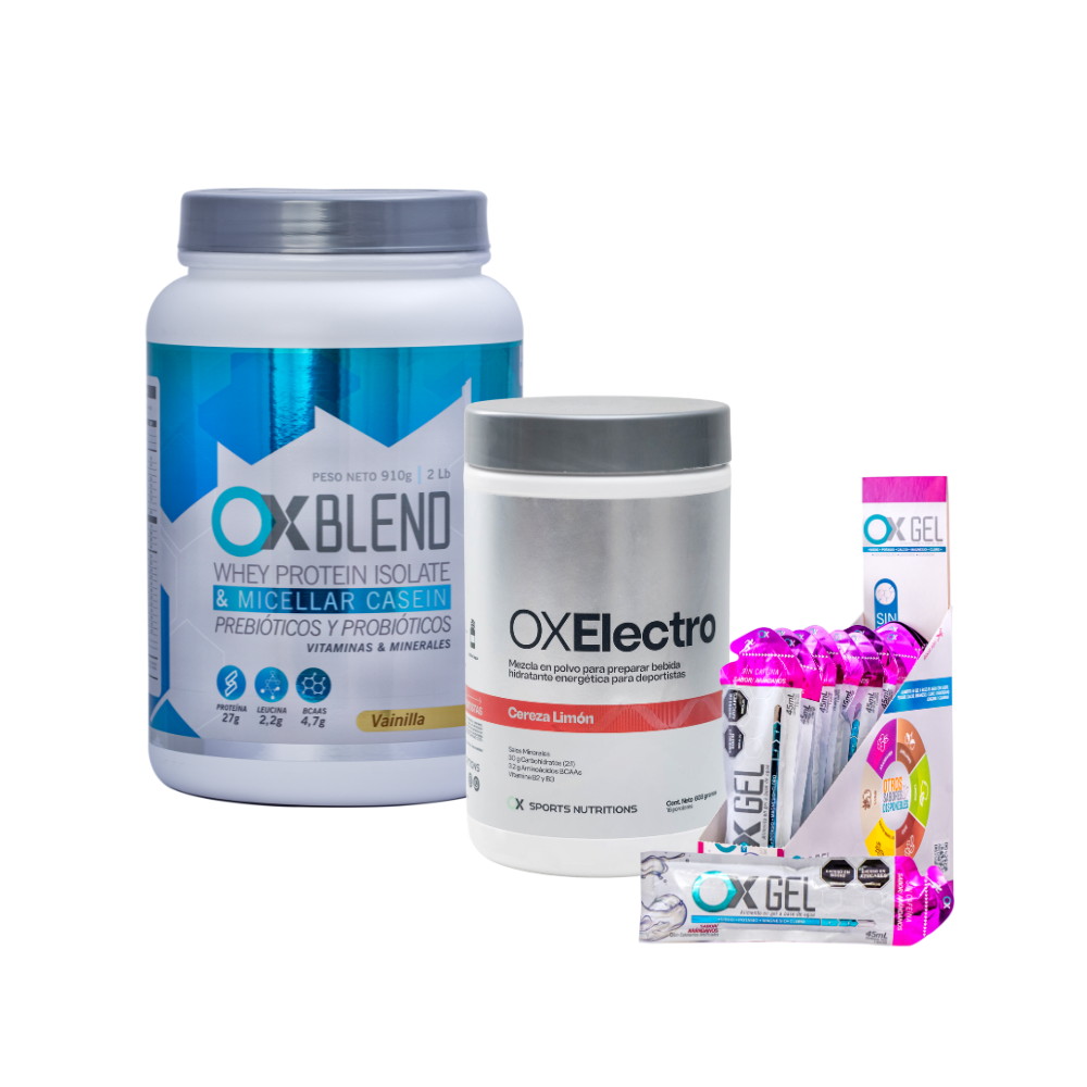 Combo Proteína+ Hidratante + Gel energético Ox Blend Vainilla, Ox Electro Cereza Limón, Ox Gel Arandanos sin Cafeina Ox Sports Nutrition Envase plástico, Sachet x 1 Proteína Ox Blend
Recuperación rápida y efectiva
27 g de proteína (90 % whey isolate + caseína) + 4,7 g de BCAAs → repara microdesgarros, acelera la regeneración muscular y te prepara para volver a