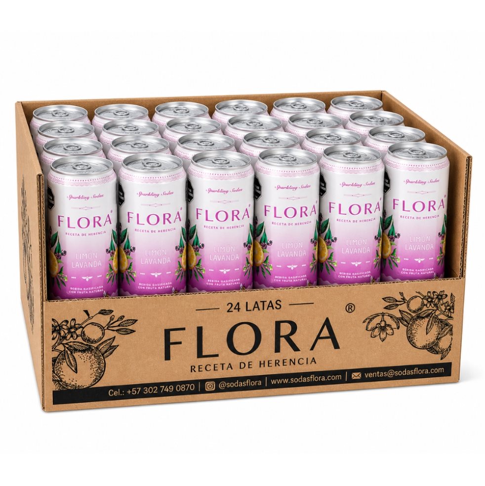 Limón Lavanda 310ml x 24 und Sodas Flora 310ml x 24 "FLORA Receta de Herencia – Limón Lavanda
Sin azúcar, suavemente dulce, gasificada, sabor natural de limón con lavanda sutil; serena, sofisticada y aromática, con una chispa precisa y un perfume que s