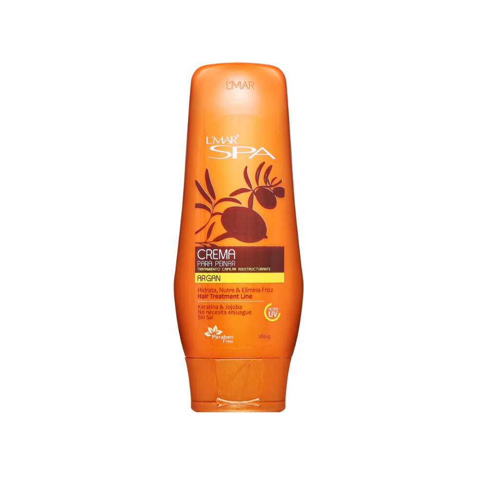 CREMA PARA PEINAR ARGAN 280g L´MAR SPA  x 1 Esta avanzada fórmula NO ENJUAGABLE con Argán 100% puro, SIN SAL y LIBRE DE PARABENOS fortifica e hidrata el cabello, nutriéndolo y revitalizándolo, aportándole brillo y sedosidad. Con su aplicación s