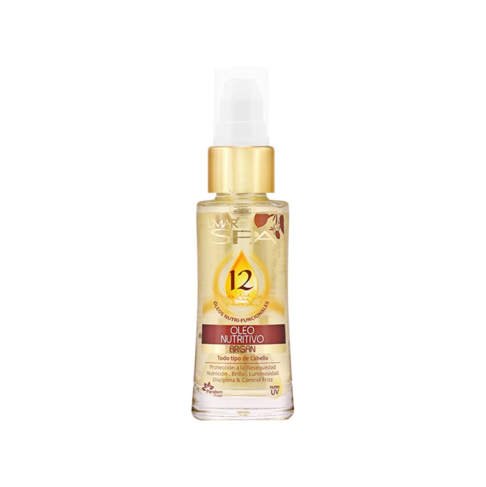 OLEO NUTRITIVO ARGAN 38ml L´MAR SPA 38 x 1 Tratamiento ligero no grasoso, extraordinario para nutrir, hidratar, proteger y reparar el cabello.Doce Oleos Nutrifuncionales- Bioelixir de L´MAR; es una combinación extraordinaria de oleos preciosos