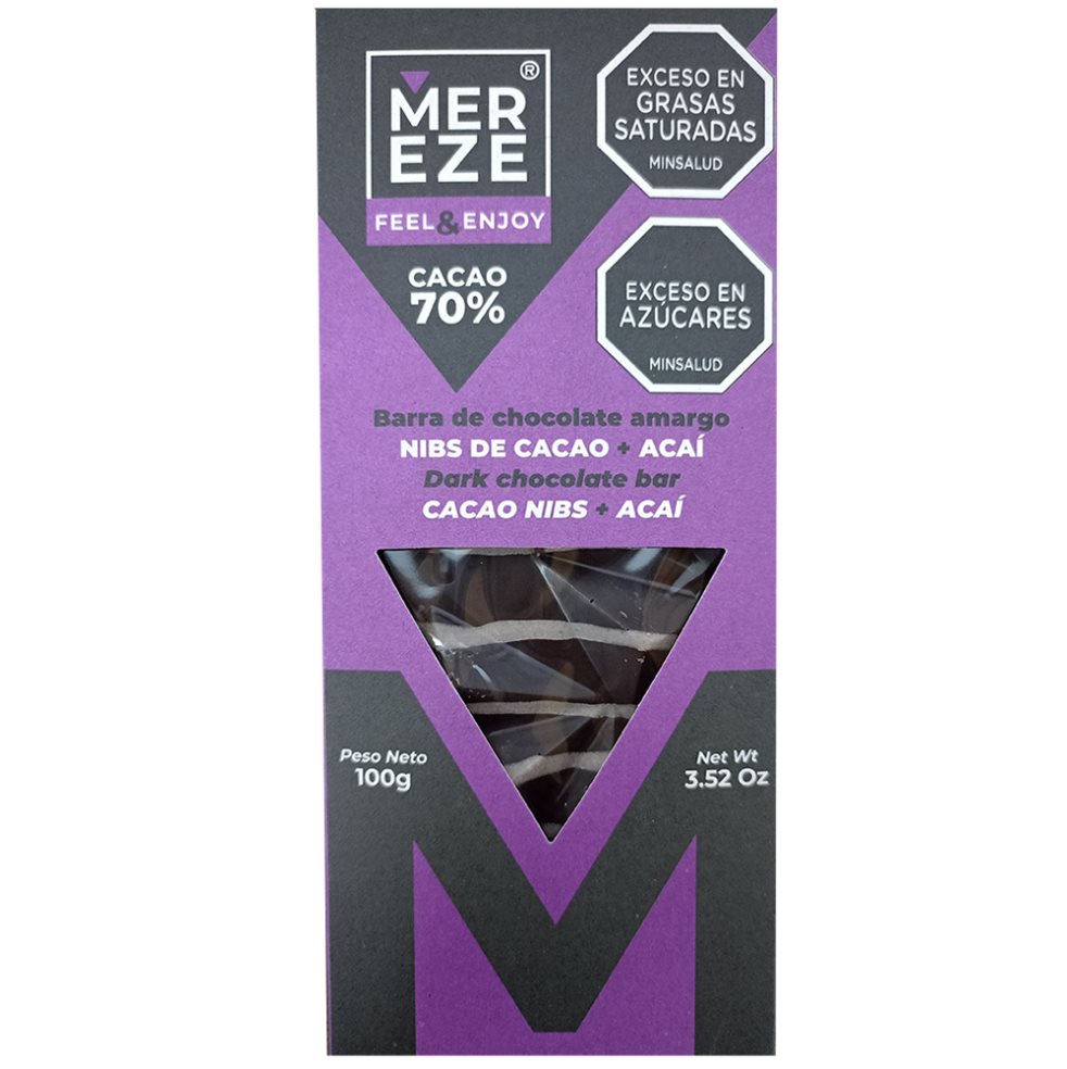 Barra de chocolate 70% cacao + Nibs de caca + Acaí 100grs MEREZE 100grs x 1 Deliciosa barra de chocolate con 70% de cacao + Nibs de caca + Acaí 100grs