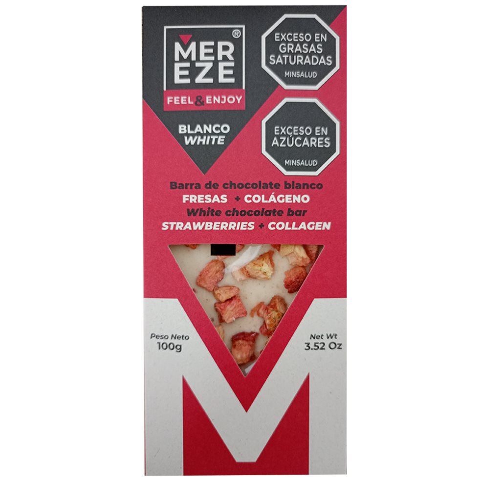 Barra de chocolate Blanco con Fresas + Colágeno  MEREZE 100grs x 1 Barra de chocolate Blanco con Fresas + Colágeno
