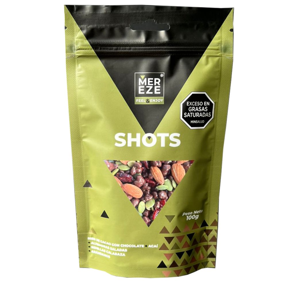 MEREZE Frutos Mix, snack de nibs con chocolate, almendras saladas, semillas de calabaza y arándanos MEREZE bolsa x 100g x 1 Delicioso snack con una mezcla única de Nibs de cacao naturales con chocolate + acai con almendras con sal marina, arándanos deshidratados y semillas de calabaza