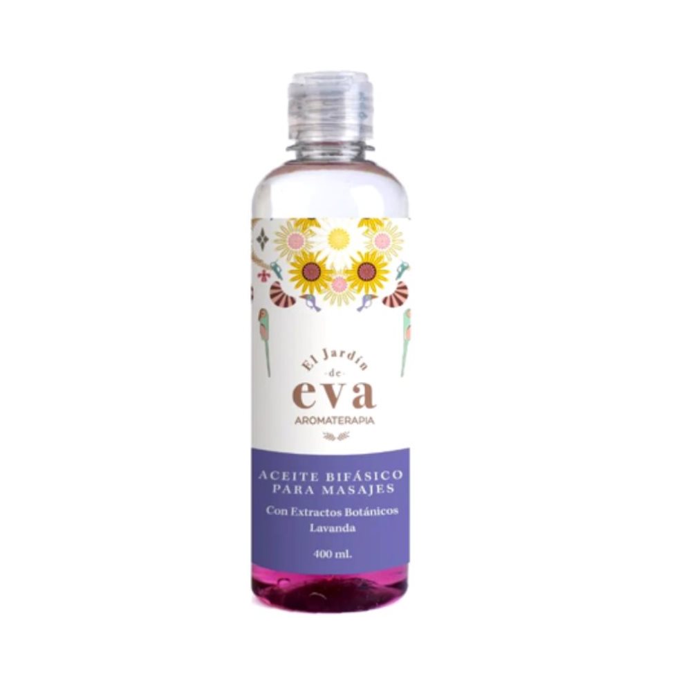 Aceite para Masajes El Jardín de Eva Bifásico x 400 ml  El Jardín de Eva Botella x 1 Aceite Bifásico para Masajes
Relájate, hidrata y revitaliza tu piel con una experiencia sensorial única.

Nuestro Aceite Bifásico para Masajes combina el poder de la lavanda y el aloe vera para ofrece