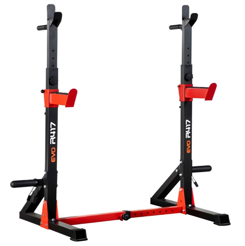 RACK AJUSTABLE EVOLUTION R417 EVOLUTION FITNESS Individual x 1 ĦLleva tus entrenamientos a un nuevo nivel de fuerza con el Rack Ajustable R417 ! Este equipo, con capacidad para soportar hasta 350 kg, es el compañero ideal para tus rutinas de peso libre, su estruc