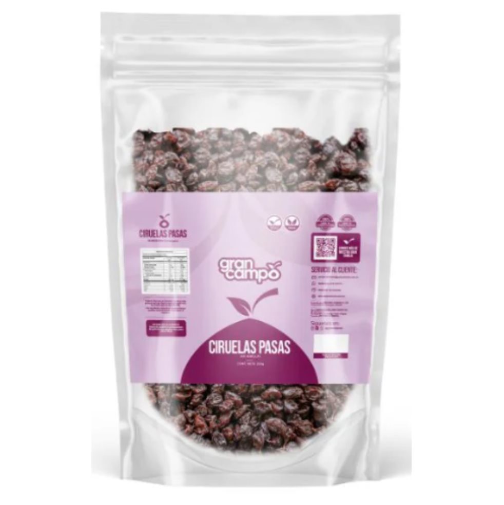 Ciruelas Pasas Gran Campo Doypack 500gr Gran Campo Daypack x 500gr 100% naturales, sin aditivos artificiales, colorantes ni conservantes.
Nuestras ciruelas pasas sin semillas son el resultado de un cuidadoso proceso de deshidratación que concentra su dulzor natural y