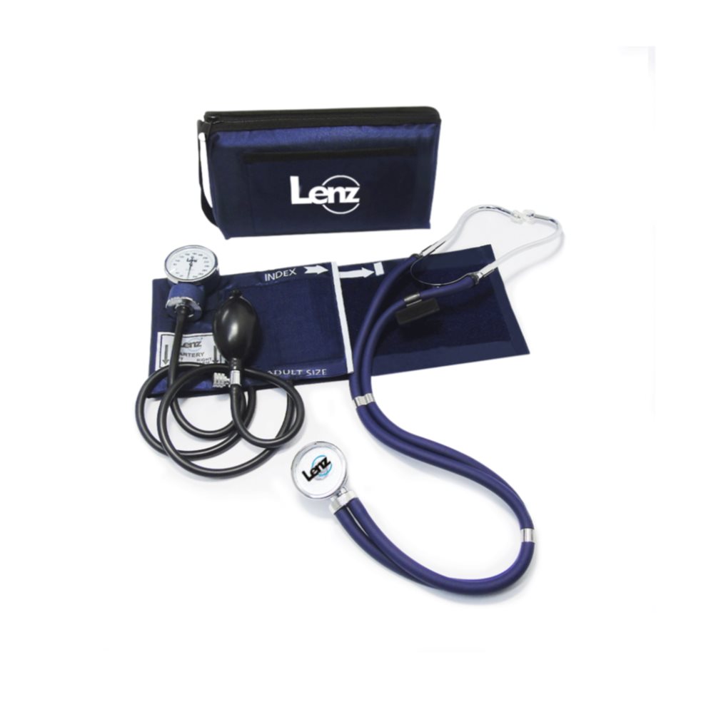 Kit Fonendoscopio + Tensiómetro Manual GZ-50 Color Navy LENZ Caja + Estuche x 2 Este kit es un set combinado que incluye tanto un tensiómetro aneroide manual como un fonendoscopio tipo Rappaport clásico, con excelente capacidad acústica.
Tubo doble en PVC de alta densidad para a