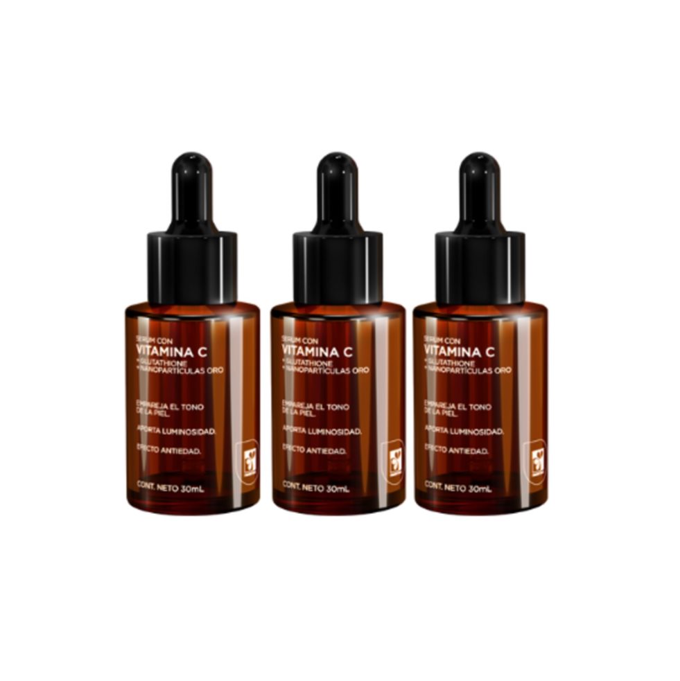 Pack x 3 Serum Vitamina C Farmatodo Con Ácido Ferúlico 30 Ml FARMATODO Botella x 3 Sérum Vitamina C ($30 \text{ ml}$). Diseñado para el cuidado antiedad y para contribuir a la luminosidad. Su fórmula incluye Glutatión y Nanopartículas de Oro, que pueden ayudar a emparejar el tono de