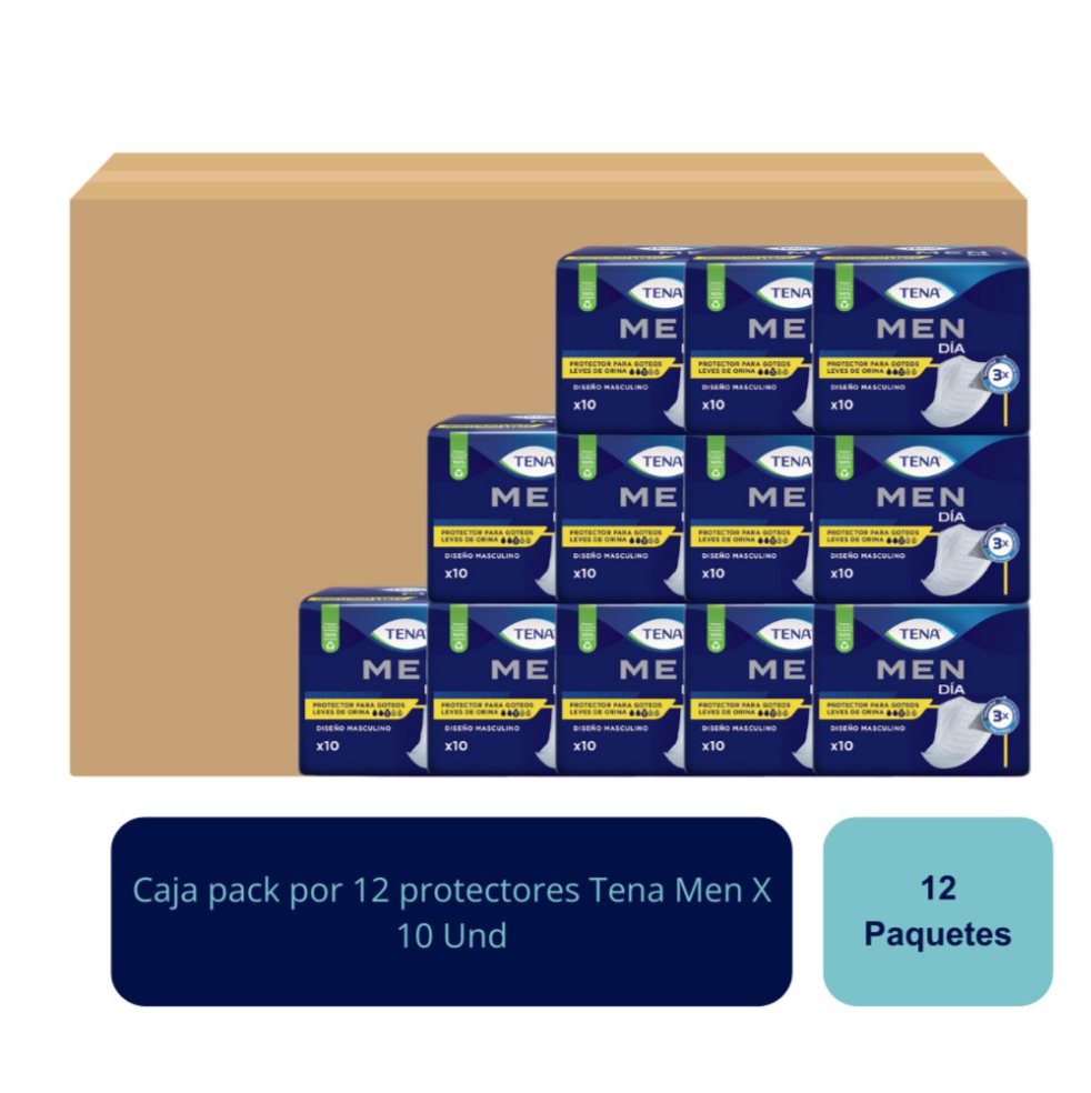 Protectores Men Día de 10 Und Tena Caja x 12 Protector masculino para goteos leves de orina. Especializado para incontinencia