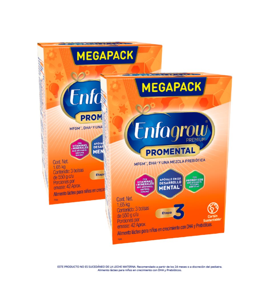 Pack x 2 Enfagrow 1,650 natural Enfagrow Caja x 2 Enfagrow Premium Etapa 3, es una leche de crecimiento para niños, con DHA, MFGM, Hierro, Zinc y otros nutrientes que apoyan su desarrollo mental*, sistema inmune y sistema digestivo.