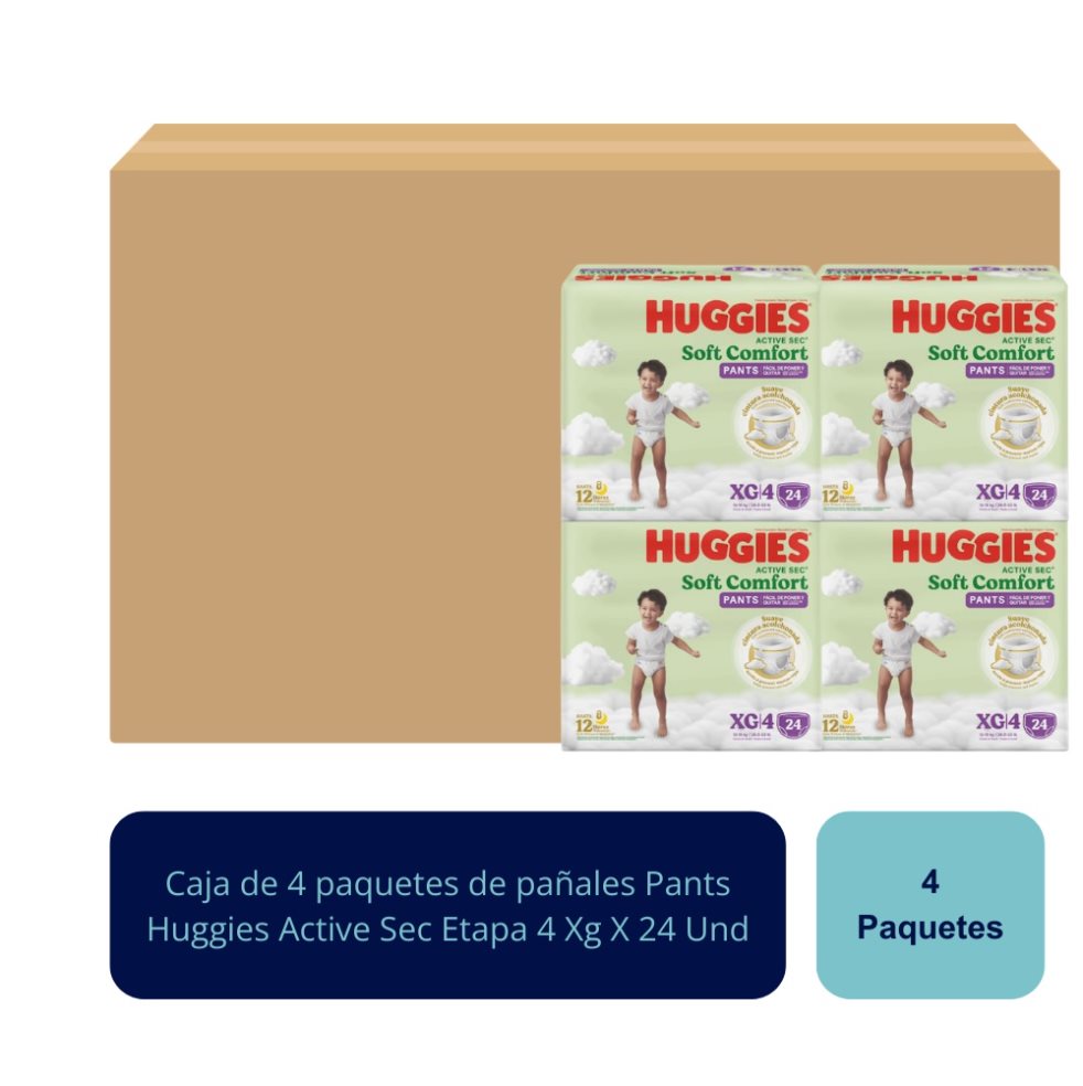 Pañales Pants Active Sec Etapa 4 XG x 24 Und Huggies Caja x 4 Pañales Pants Active Sec Etapa 4 XG x 24 Und Huggies Caja x 4