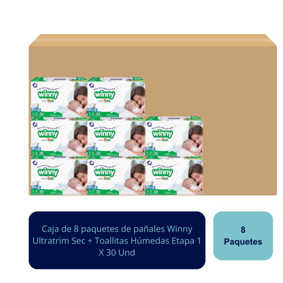 Pañales Ultratrim Sec + Toallitas Húmedas Etapa 1 X 30 Und Winny Caja x 8 Pañales Ultratrim Sec + Toallitas Húmedas Etapa 1 X 30 Und Winny Caja x 8