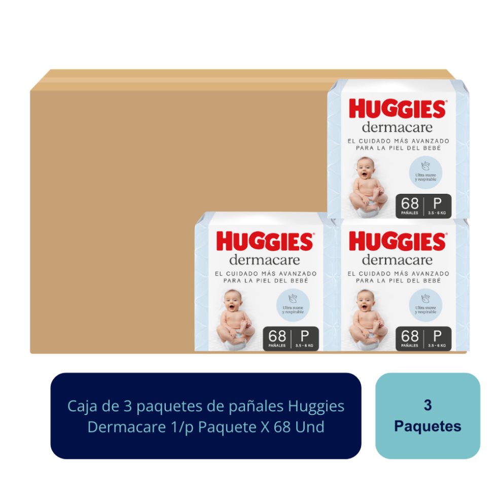 Pañales Huggies Dermacare etapa 1 talla P Paquete X 68 Und Huggies Caja x 3 Huggies® Dermacare El cuidado más avanzado para la piel del bebé. Especialmente diseñados para cuidar su delicada piel gracias al exclusivo sistema de absorción que garantiza hasta 12 h de protección.