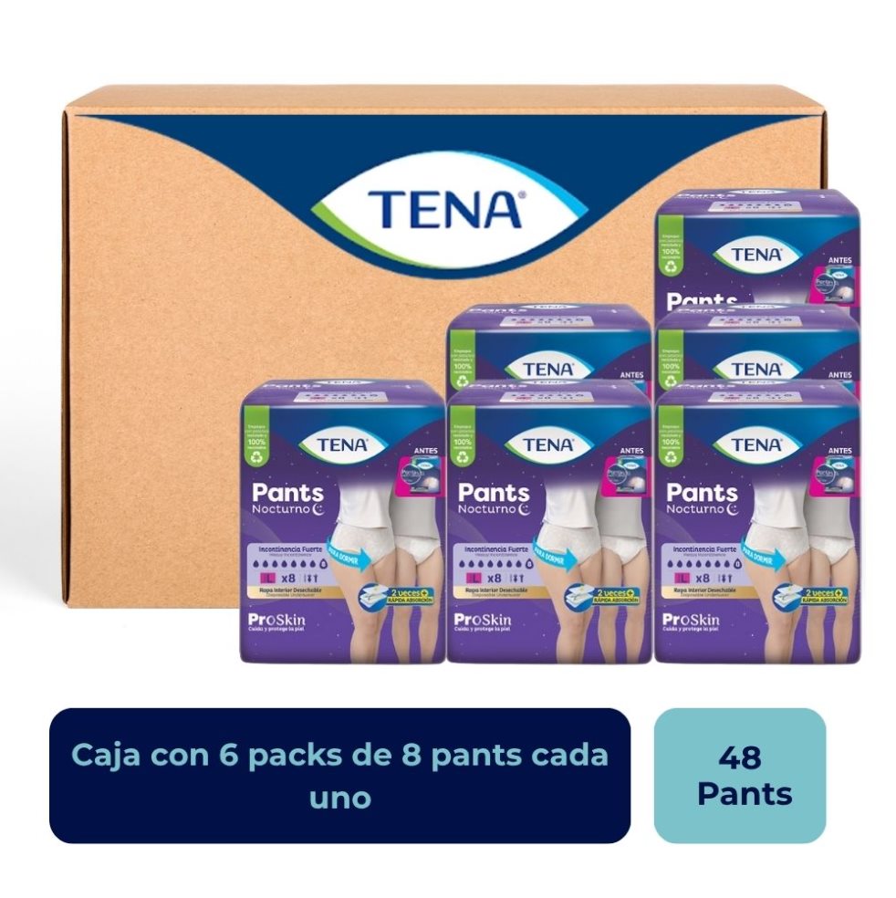 Tena Pants Nocturno Talla L x 8 und.  Tena Caja x 6 Ropa interior absorbente para la noche, ofrece confort y seguridad durante el sueño.