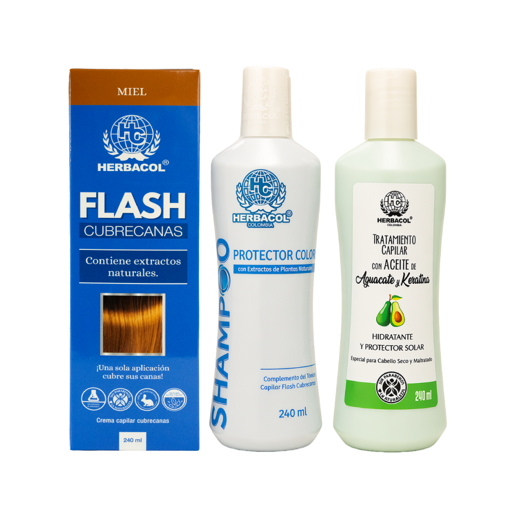 KIT CUBRECANAS MIEL  HERBACOL TINTE CAPILAR CUBRECANAS,SHAMPOO Y TRATAMIENTO x 3