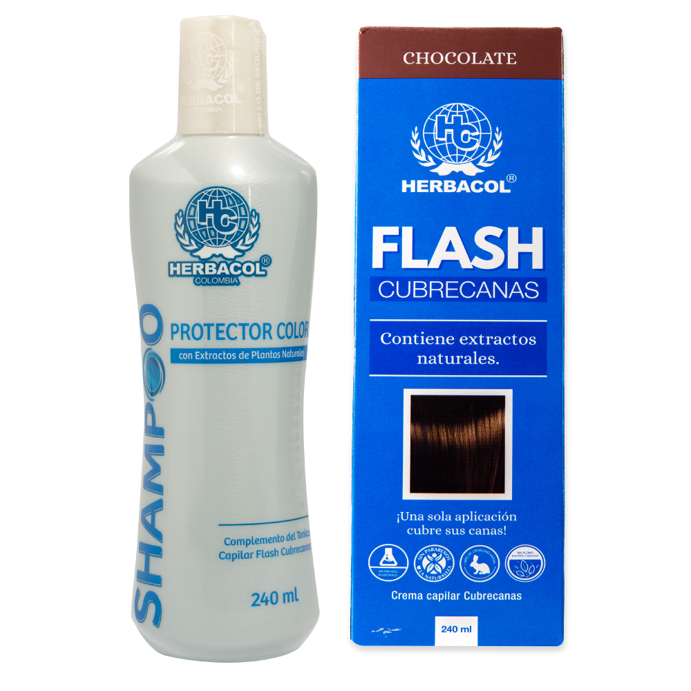 DÚO FLASH CUBRECANAS CHOCOLATE  HERBACOL SHAMPOO Y TINTE CAPILAR CUBRECANAS  x 2 Cubre tus canas en 1 hora y protege el resultado con el shampoo que sella el color. Sin amoníaco, sin peróxido, sin mezclas: listo para aplicar directo del frasco.