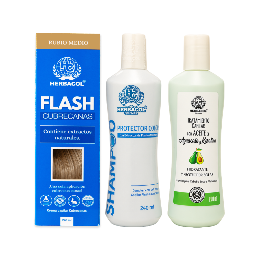 KIT CUBRECANAS RUBIO MEDIO HERBACOL TINTE CAPILAR CUBRECANAS,SHAMPOO Y TRATAMIENTO x 3