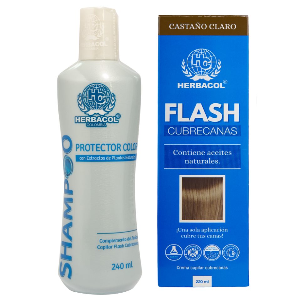DÚO FLASH CUBRECANAS CASTAÑO CLARO HERBACOL SHAMPOO Y TINTE CAPILAR CUBRECANAS x 2