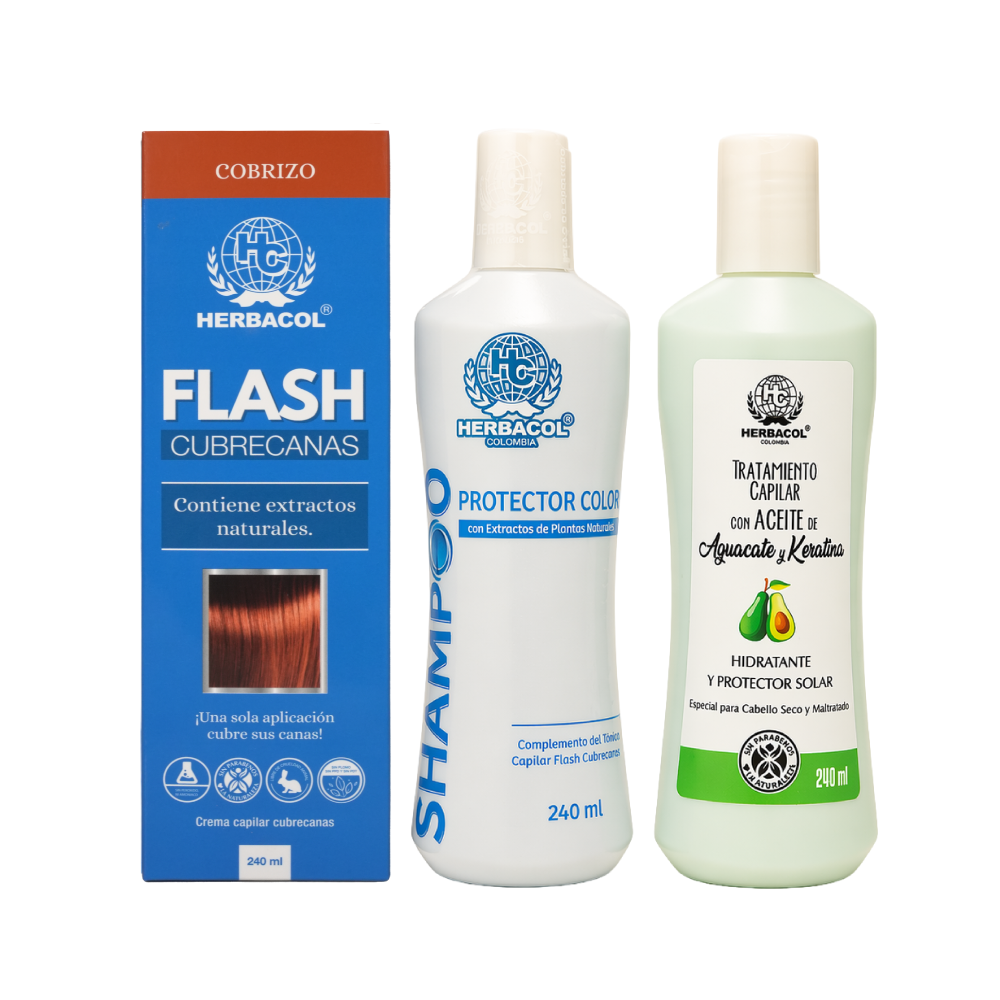 KIT CUBRECANAS COBRIZO HERBACOL TINTE CAPILAR CUBRECANAS,SHAMPOO Y TRATAMIENTO x 3