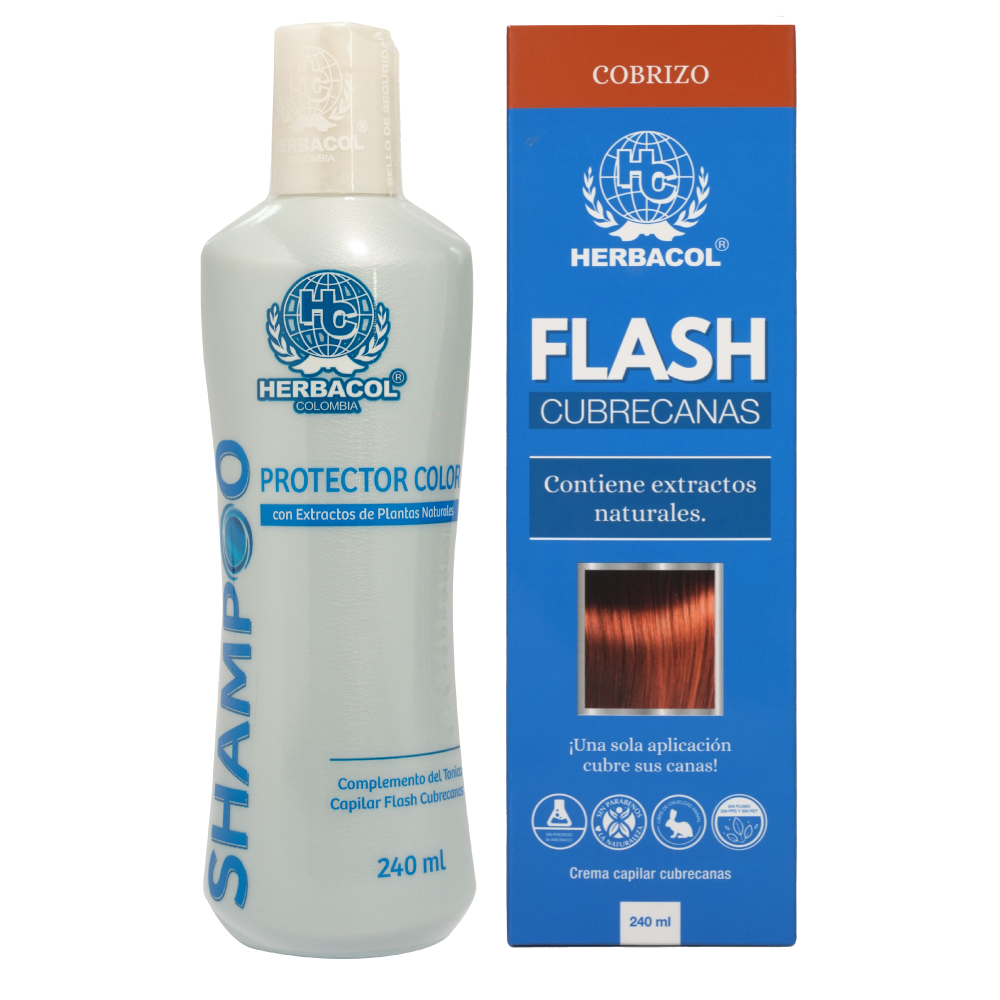 DÚO FLASH CUBRECANAS COBRIZO HERBACOL SHAMPOO Y TINTE CAPILAR CUBRECANAS x 2