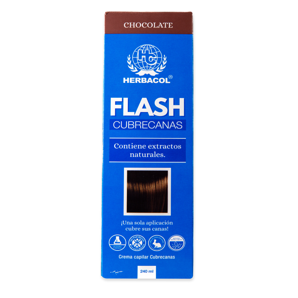 FLASH CUBRECANAS CHOCOLATE HERBACOL TINTE CAPILAR CUBRECANAS x 1 Nuestro tinte en crema, enriquecido con extractos naturales, libre de peróxido, amoniaco, parabenos, plomo, PDT y PPD. Cubre perfectamente las canas en tan solo una hora, también funciona como matizan