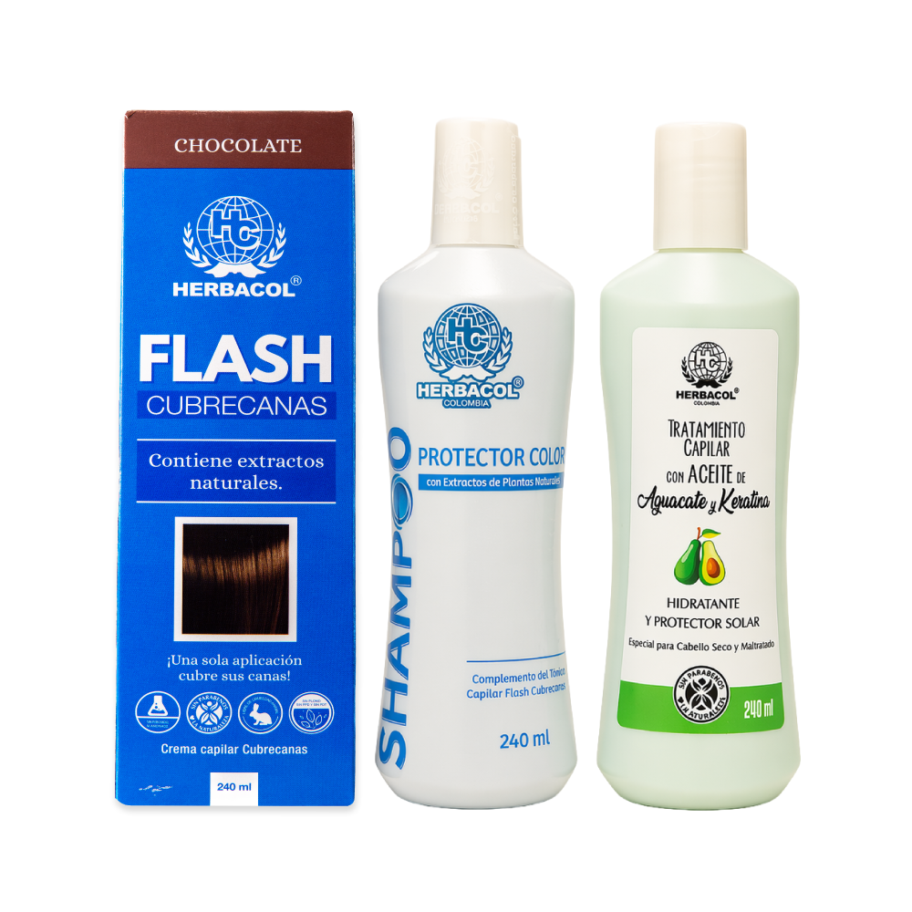 KIT CUBRECANAS CHOCOLATE  HERBACOL TINTE CAPILAR CUBRECANAS,SHAMPOO Y TRATAMIENTO x 3