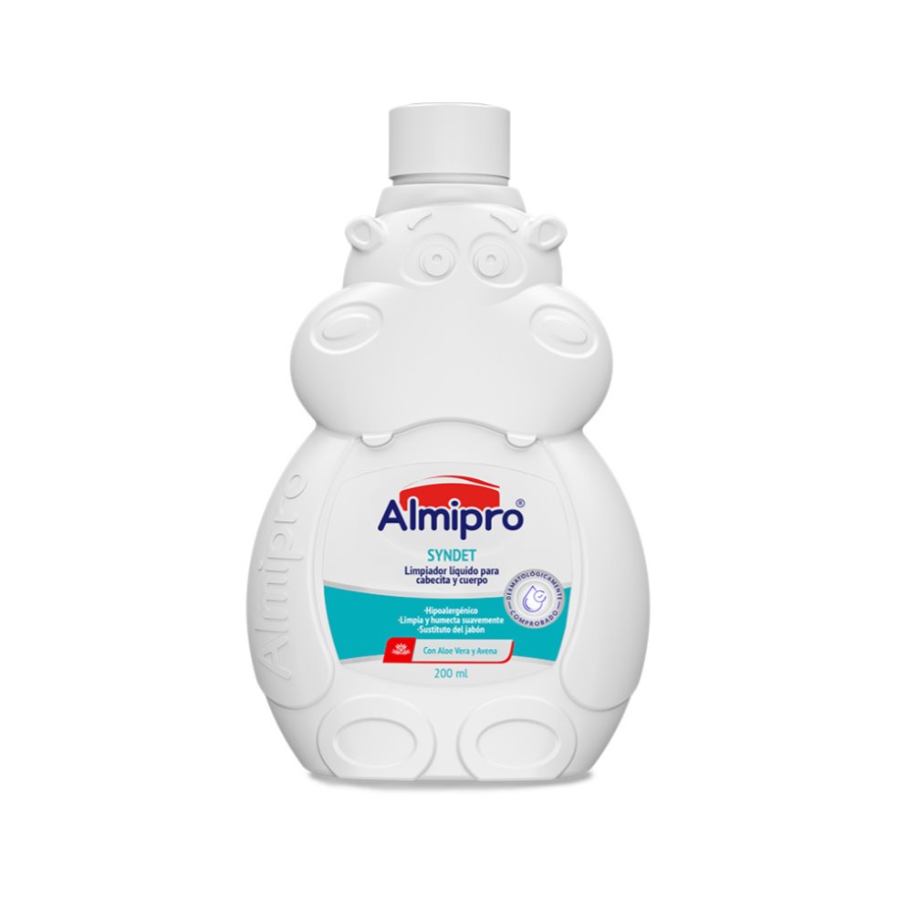 Baño Líquido Almipro Syndet Frasco X 200 Ml ALMIPRO 200 x ML El limpiador Líquido Almipro Syndet, es un limpiador sustituto de jabón. Su
exclusiva formula, contiene extractos naturales de Aloe Vera y Avena, está
elaborado en una base hipoalergénica con un pH co