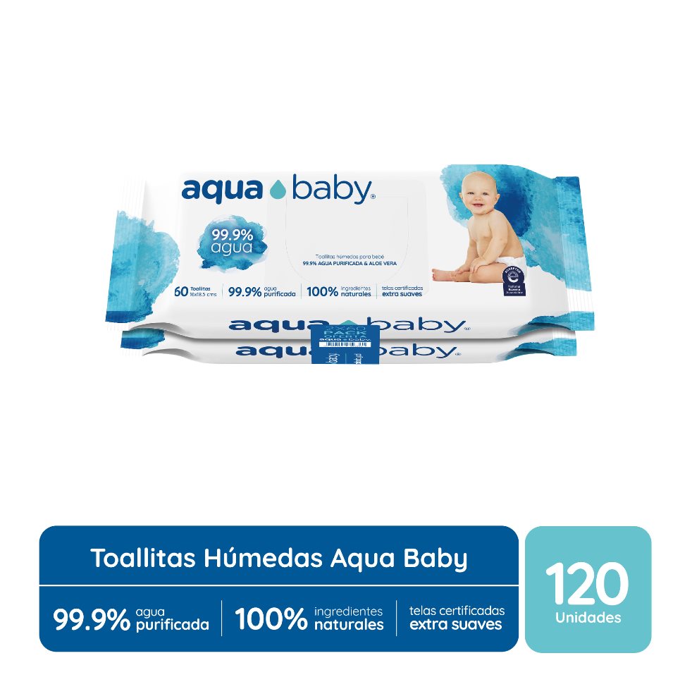 Pack Toallitas Húmedas 99.9% Agua 120 Unidades - Aqua Baby Aqua Baby Double Pack 2x60, 120 Unidades x 120 Unidades 