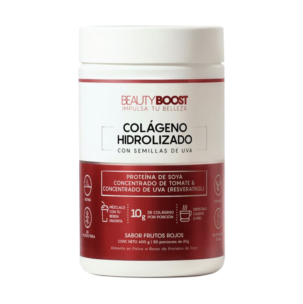 Colágeno Hidrolizado Sin Edulcorantes Frutos Rojos 600g VITASEI BEAUTYBOOST Frasco x 1 Colágeno Hidrolizado enriquecido con Resveratrol, Vitamina C, Biotina, Vitamina A, Vitamina D, Vitamina B1, B6 y B12, diseñado para complementar tu rutina diaria de bienestar y cuidado personal.
Su d