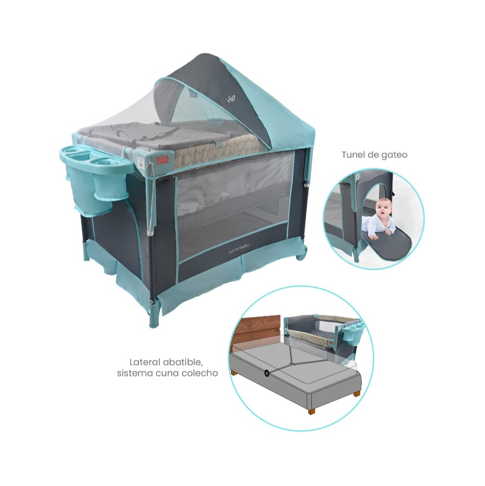 Corral cuna colecho bebé Silver Celeste Happy Baby HAPPY BABY Caja x 1 Happy Baby trae para ti la cuna corral colecho Silver brindara a tu bebé toda la comodidad que necesita a la hora de dormir con su  sistema de colecho, ademas cuenta con tunel de gateo para facil acce