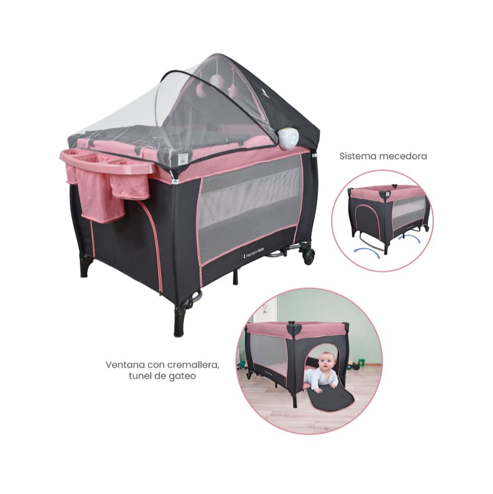 Corral cuna mecedora Premium Baby Napoles Rosa Premium Baby Caja x 1 Brinda a tu bebé un espacio seguro, cómodo y lleno de diversión con el Corral Nápoles. Su diseño multifuncional incluye 2 niveles de altura, sistema mecedora,  túnel de gateo y un toldo con mosquitero