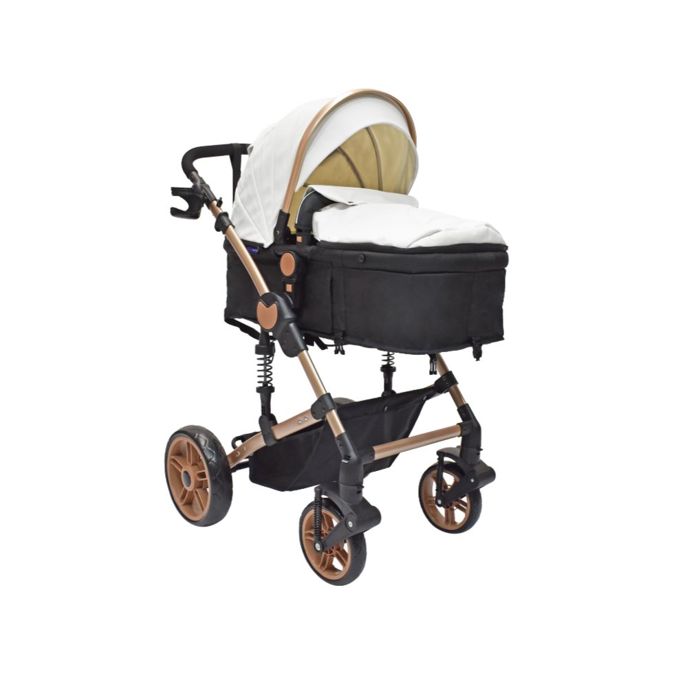 Coche Bebe Moises Gadi Happy Baby Blanco HAPPY BABY Caja x 1 Coche para bebé Gadi de la marca Happy Baby es un modelo tipo moisés diseñado para brindar comodidad y seguridad al bebé. Cuenta con una estructura resistente de metal en un elegante tono dorado, acom