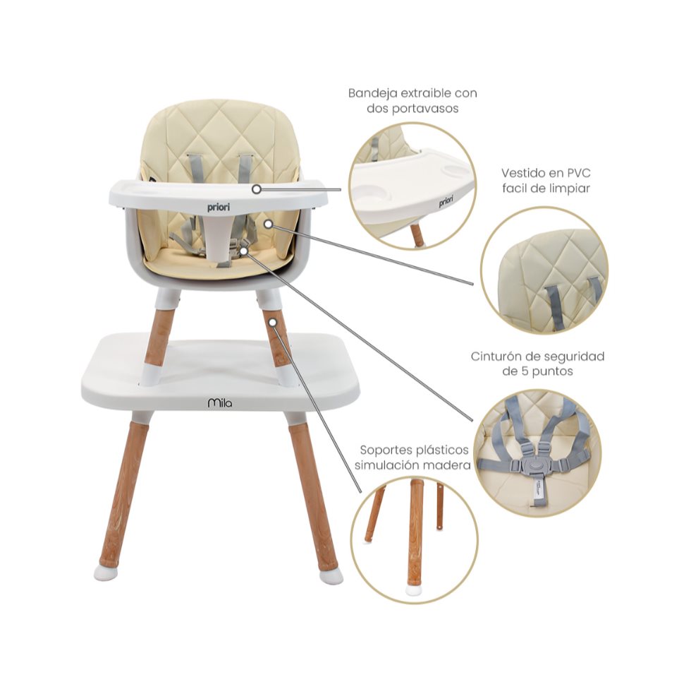 Silla Comedor Bebé 6 en 1 Mila Beige Priori Beige PRIORI Caja x 1 La silla de comer 6 en 1 Mila es la solución perfecta para acompañar el crecimiento de tu bebé desde los 6 meses hasta los 36 meses. Con su diseño innovador y multifuncional, esta silla ofrece seis co