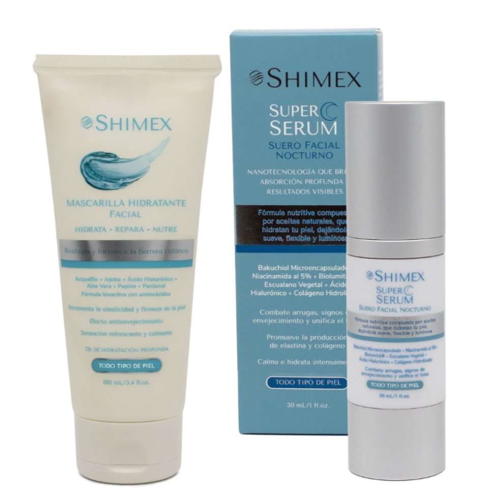 Mascarilla Hidratante Facial Shimex x 100 ml + Serum - Super Serum Nocturno Shimex x 30 ml SHIMEX 100 ML, 30 ML x 2 - Mascarilla Hidratante Facial x 100 ml:
La Mascarilla Hidratante Facial de Shimex es una fórmula en gel de alto desempeño que brinda emoliencia, elasticidad, suavidad y luminosidad al instante. Diseñ