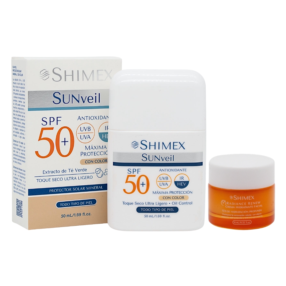 SUNveil Protector Solar Mineral SPF 50+ Con Color + GRATIS Crema facial Radiance Renew x 10 ML  SHIMEX 50 ML, 10 ML x 2