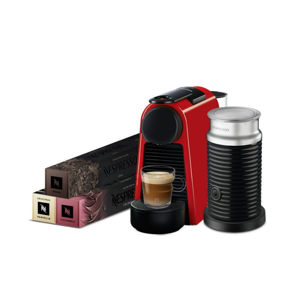 Cafetera Nespresso Essenza Mini Roja & Espumador de Leche Nespresso  x 1 La cafetera Essenza Mini combina la facilidad de uso, calidad y belleza minimalista.Descubre la cafetera más pequeña de Nespresso, ĦConveniencia y modernidad en un diseño compacto! Junto con el espuma
