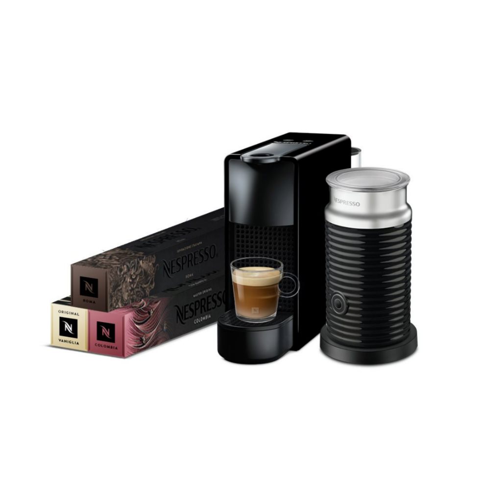 Cafetera Nespresso Essenza Mini Negra & Espumador de Leche Nespresso  x 1 La cafetera Essenza Mini combina la facilidad de uso, calidad y belleza minimalista.Descubre la cafetera más pequeña de Nespresso, ĦConveniencia y modernidad en un diseño compacto! Junto con el espuma