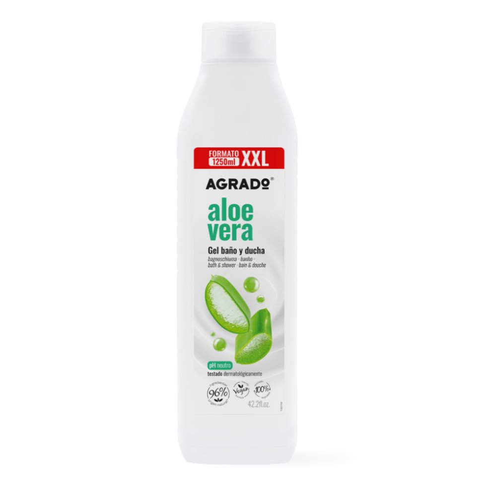 Gel de Ducha Aloe Vera XXL Agrado 1250 ml AGRADO BOTELLA XXL x 1 Disfruta de una limpieza suave y un cuidado diario para tu piel con el Gel de Ducha Agrado Aloe Vera XXL 1250 ml. Enriquecido con aloe vera, ayuda a mantener la piel hidratada y confortable mientras l