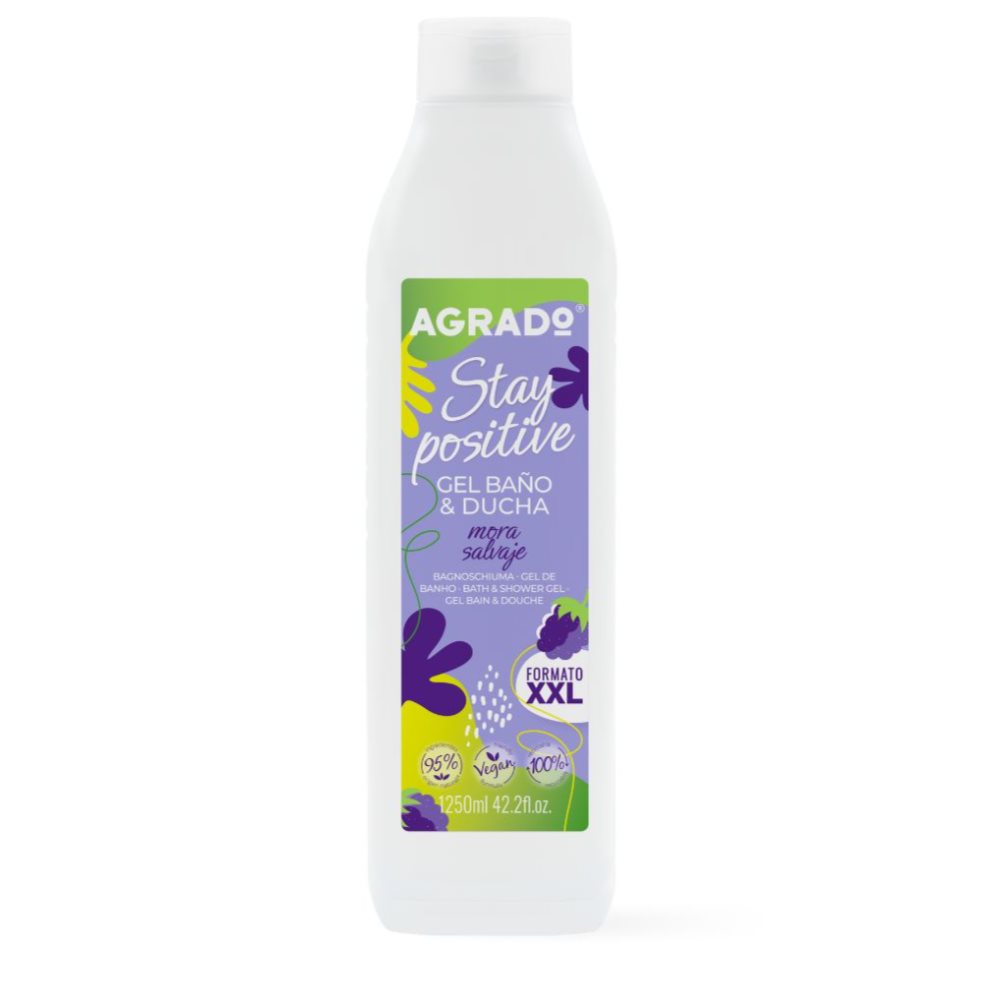 Gel de Ducha Stay Positive XXL Agrado 1250 ml AGRADO BOTELLA XXL x 1 Llena cada ducha de frescura y energía con el Gel de Ducha Agrado Stay Positive XXL 1250 ml. Su deliciosa fragancia a mora salvaje envuelve la piel con un aroma dulce y agradable, transformando la rut