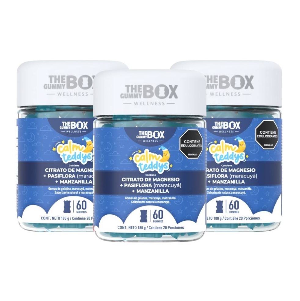 Gomitas para dormir de niños: Magnesio + Pasiflora + Manzanilla x3 THE GUMMY BOX TARRO X 60 GOMITAS x 3 Calm Teddys – Citrato de Magnesio para niños aliados dulces para una rutina más tranquila y feliz. Estas gomitas en forma de osito contienen citrato de magnesio, un mineral esencial que ayuda a mejora