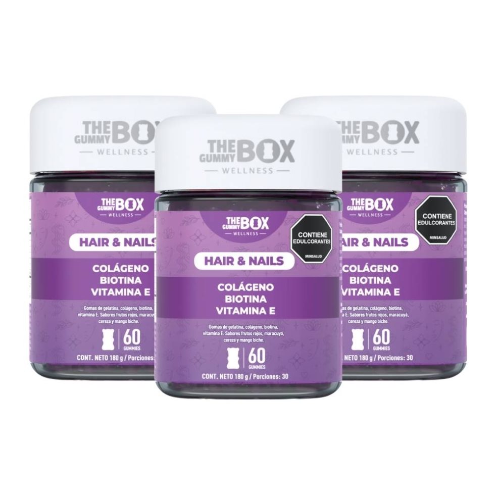 Colágeno y Biotina con Vitamina E en gomitas x3 THE GUMMY BOX TARRO X 60 GOMITAS x 3 Pack x3 Colágeno + Biotina – The Gummy Box tu dosis doble de belleza desde adentro en formato práctico y delicioso. Este pack incluye 3 tarros de gomitas funcionales con colágeno, biotina y vitamina E