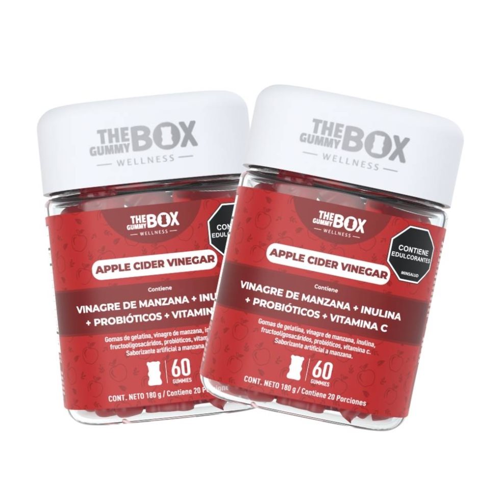 Vinagre de manzana + Fibra prebiótica e Inulina en gomitas x2 THE GUMMY BOX TARRO X 60 GOMITAS x 2 Pack x2 Vinagre de Manzana en Gomitas - Doble dosis de bienestar en una presentación práctica y deliciosa. Este pack incluye 2 tarros de gomitas funcionales formuladas con vinagre de manzana, inulina 